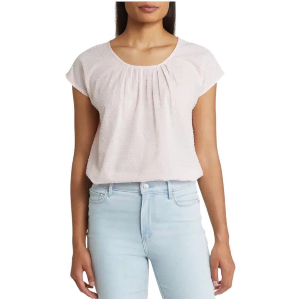 CASLON Pleated Clip Dot Short Sleeve Blouse, Pink Lotus, Small, NWOT